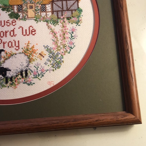Cross stitch of “Bless this House O Lord We Pray“ English Farmhouse/Sheep/Flower - Picture 6 of 13